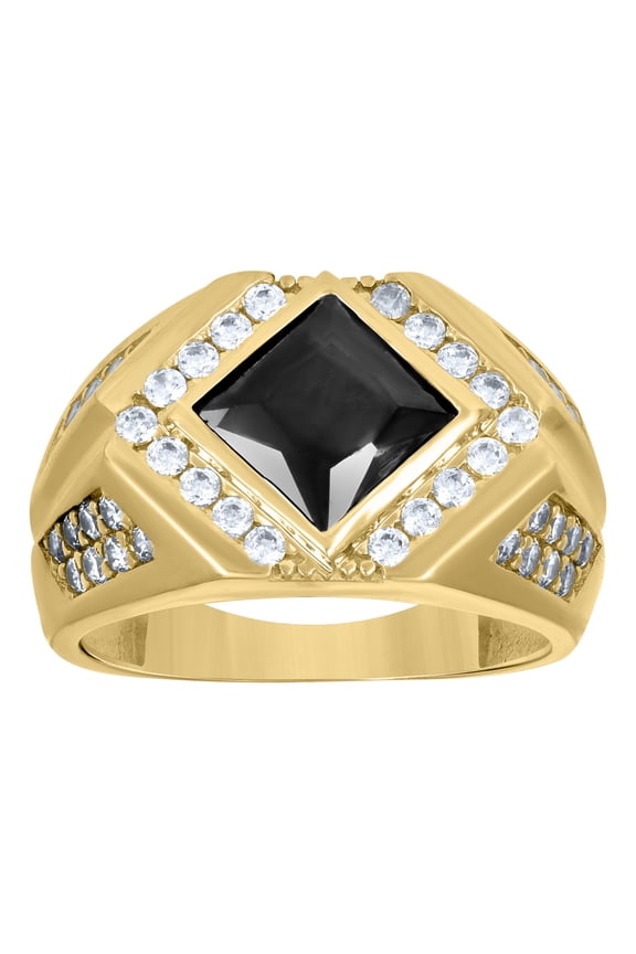 10k Yellow Gold Mens Black White Princess-Cut Round Cubic-Zirconia Square Head Fashion Ring