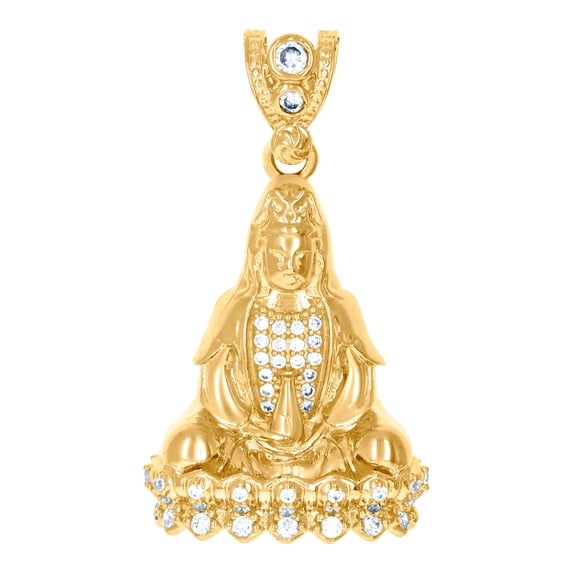 10k Yellow Gold Mens Cubic Zirconia Buddha Religious Charm Pendant 39.2x22.6mm Wide Necklace for Men