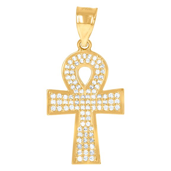 10k Yellow Gold Mens Cubic Zirconia Religious Ankh Cross Egyptian Charm Pendant 27.9x13.5mm Wide Necklace for Men