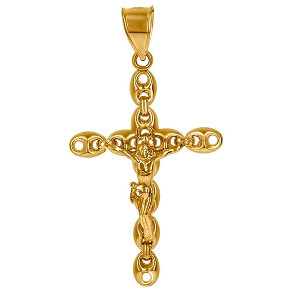 10k Yellow Gold Mens Crucifix Cross Mariner Anchor Link Religious Charm Pendant Necklace for Men