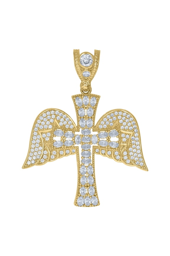 10k Yellow Gold Mens Cubic Zirconia Angel Wings Cross Religious Charm Pendant