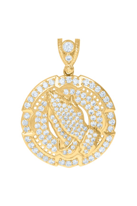 10k Yellow Gold Mens Cubic-Zirconia Medallion Praying Hands Symbol Religious Charm Pendant