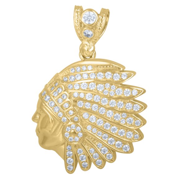 10k Yellow Gold Mens Cubic Zirconia Native Indian Fashion Charm Pendant