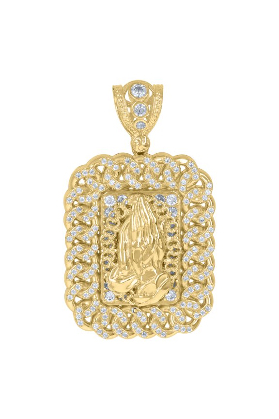 10k Yellow Gold Mens Cubic-Zirconia Praying Hands Religious Symbol Cuban Link Charm Pendant