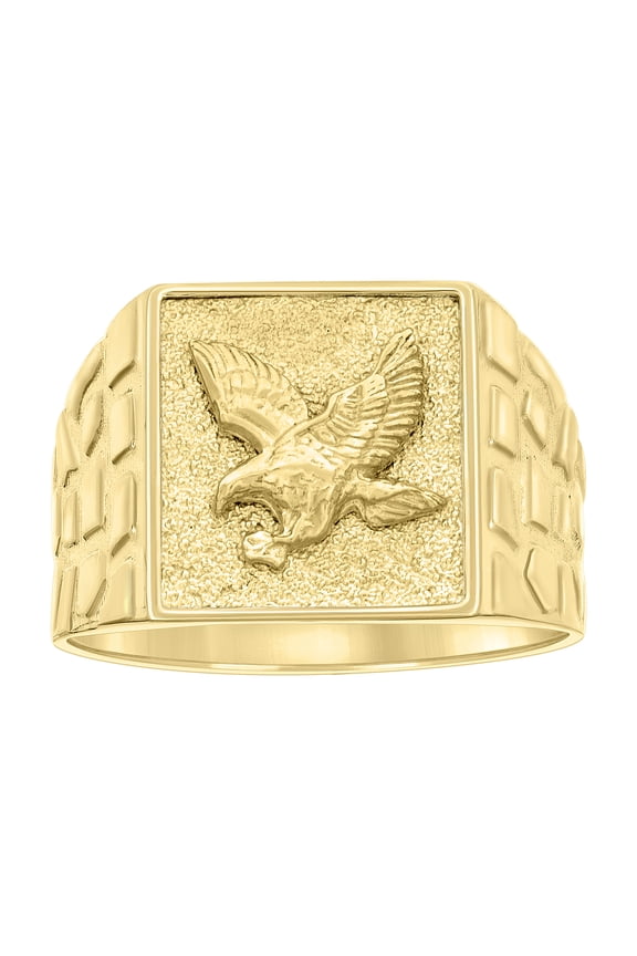 10k Yellow Gold Mens Eagle Bird Wildlife Square Head Nugget Ring