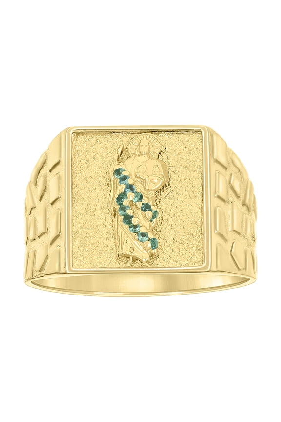 10k Yellow Gold Mens Green Cubic-Zirconia St. Jude Religious Square Head Nugget Ring