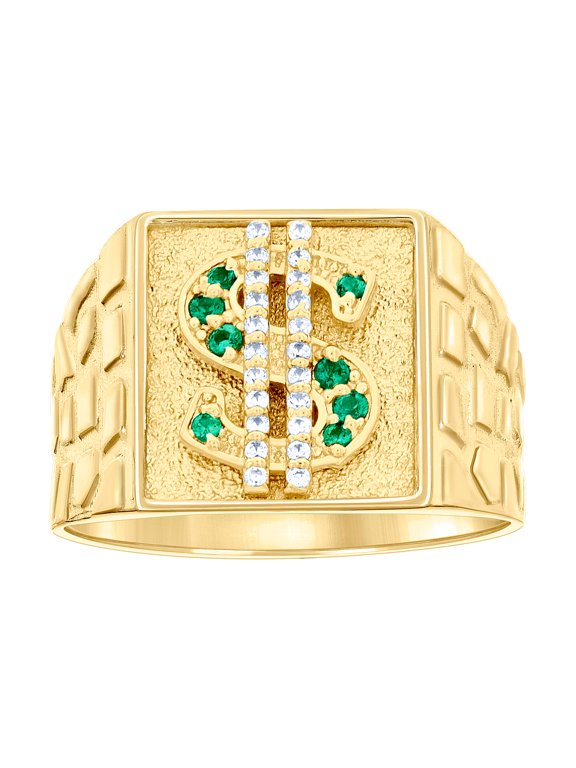 10k Yellow Gold Mens Green White Cubic Zirconia Square Head Dollar Sign Currency Nugget Ring 14.3x6.6mm Wide Ring for Me