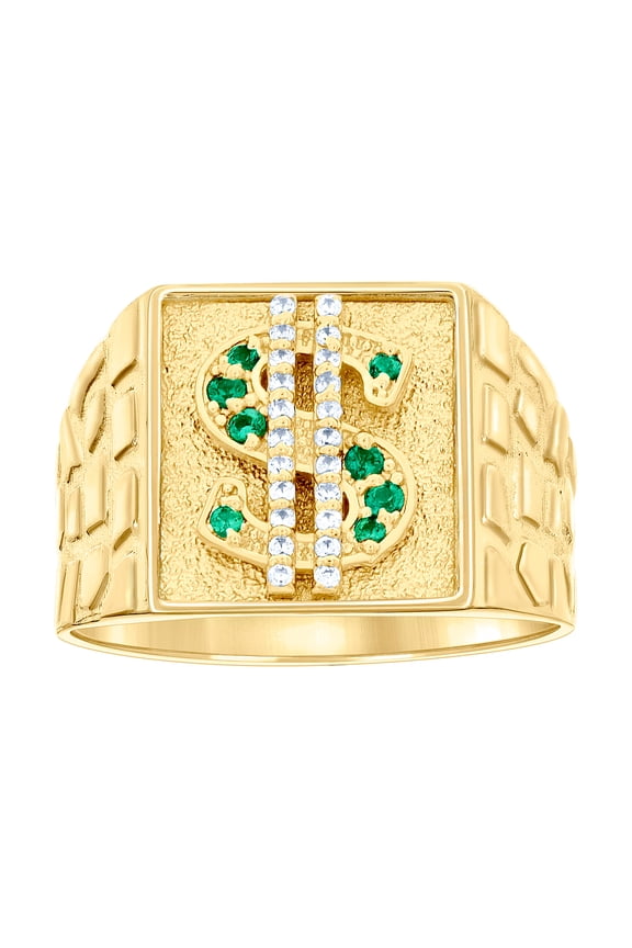 10k Yellow Gold Mens Green White Cubic Zirconia Square Head Dollar Sign Currency Nugget Ring 14.3x6.6mm Wide Ring for Me