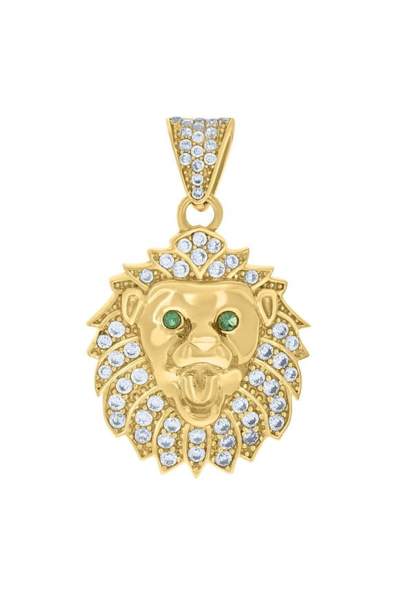 10k Yellow Gold Mens Green White Cubic-Zirconia Leo/Lion Head Animal Zodiac Sign/Wildlife Charm Pendant