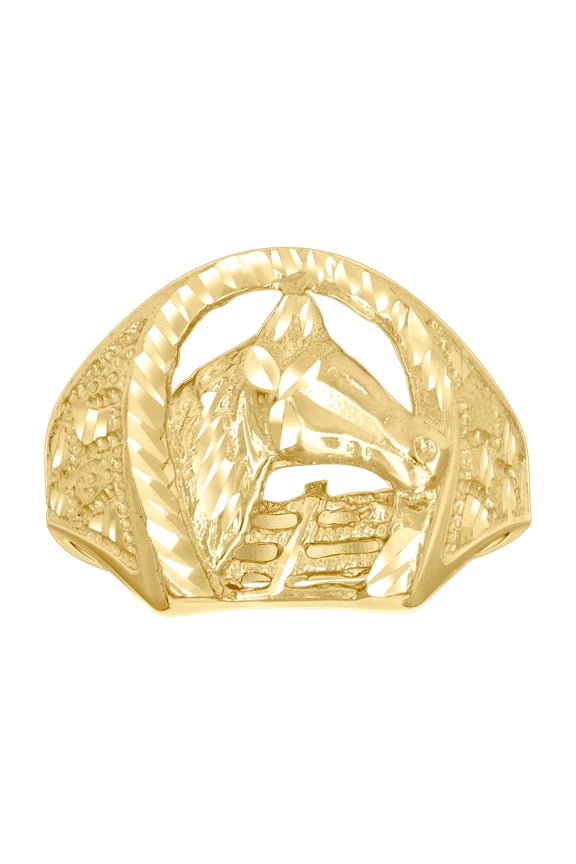 10k Yellow Gold Mens Horse Head Horseshoe Good Luck Ring 14.8x3.7mm Wide Ring for Men - 3.3 Grams