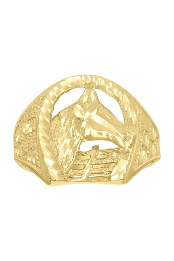 10k Yellow Gold Mens Horse Head Horseshoe Good Luck Ring