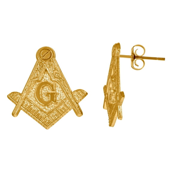 10k Yellow Gold Mens Occupation Masonic Stud Earrings 19.3x17.6mm Wide Earring for Men - 2.2 Grams