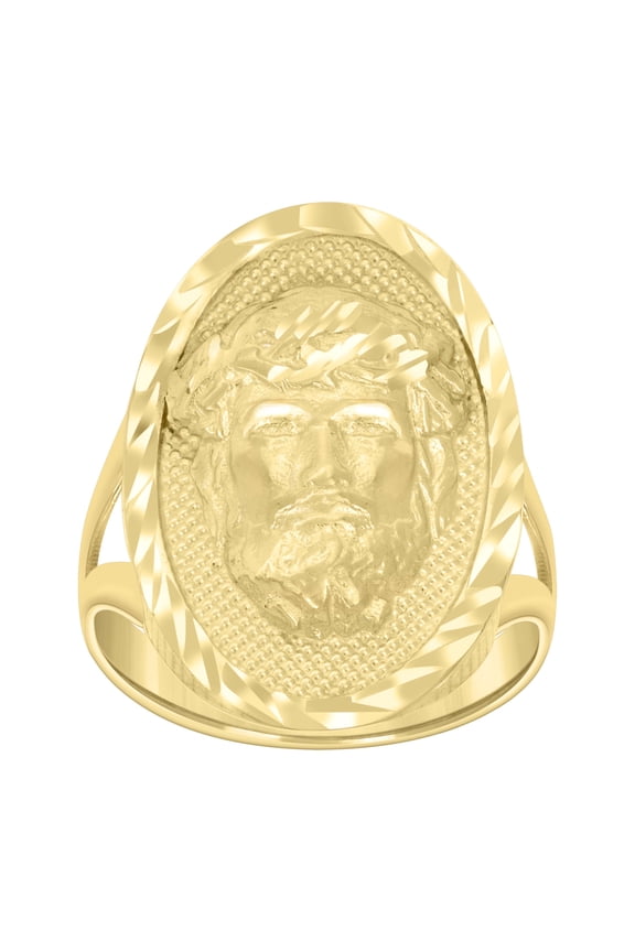 10k Yellow Gold Mens Oval Jesus Religious Ring
