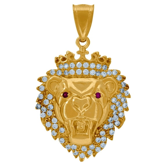 10k Yellow Gold Mens Pink Cubic Zirconia Zodiac Sign Leo Lion Head Crown Charm Pendant Necklace for Men
