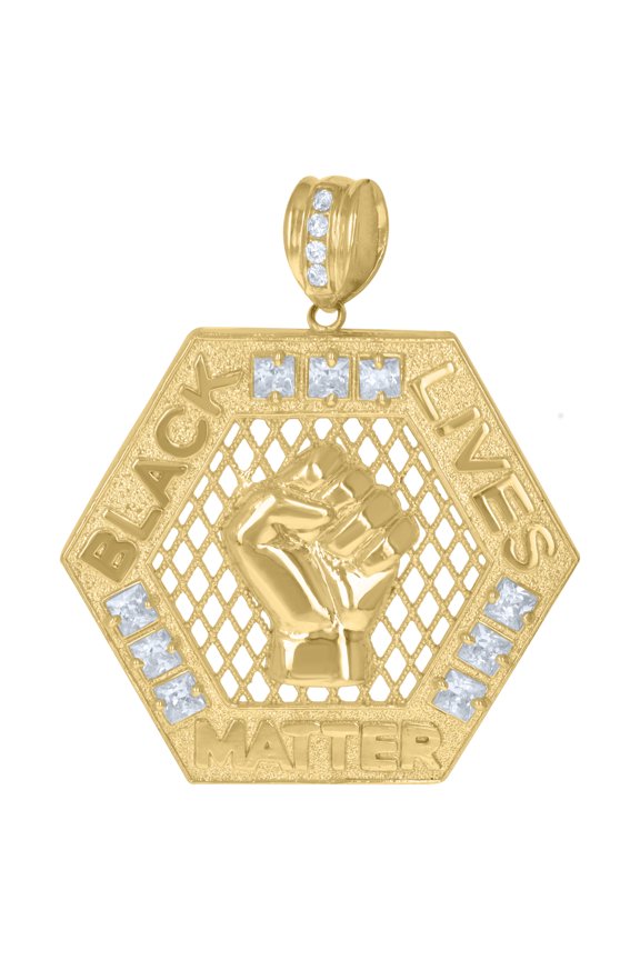 10k Yellow Gold Mens Princess Cut Cubic-Zirconia Talking Black Lives Matter Medallion Charm Pendant