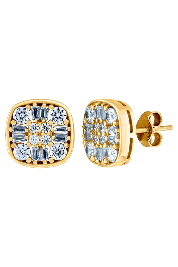 10k Yellow Gold Mens Round & Baguette Cubic Zirconia Square Head Stud Earrings Earring for Men