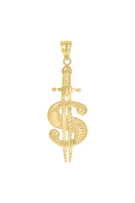 10k Yellow Gold Mens Sword Dollar Sign Currency Charm Pendant