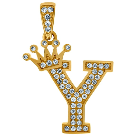 10k Yellow Gold Mens Women Cubic Zirconia CZ Crowned Letter Name Personalized Monogram Initial Y Charm Pendant 30.1x20.4