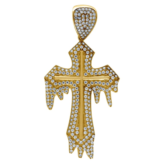 10k Yellow Gold Mens Women Cubic Zirconia CZ Dripping Cross Religious Charm Pendant 65.8x Necklace for Men
