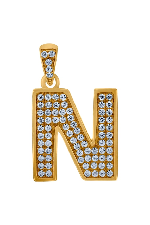 10k Yellow Gold Mens Women Cubic Zirconia CZ Letter Name Personalized Monogram Initial N Charm Pendant 29x17.20mm Wide N