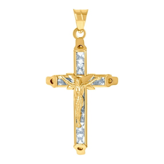 10k Yellow Gold Mens Women Princess Cut Cubic Zirconia Crucifix Cross Religious Charm Pendant 34.6x16.8mm Wide Necklace