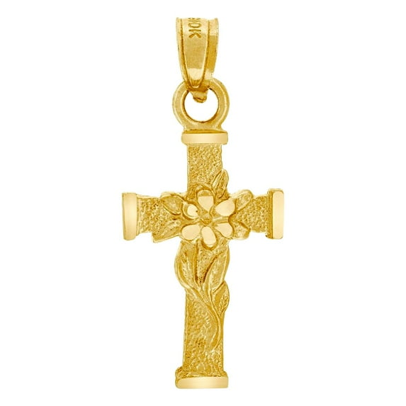 10k Yellow Gold Mens Women Textured Flower Cross Religious Charm Pendant 33.5x16.70mm Wid Necklace for Men