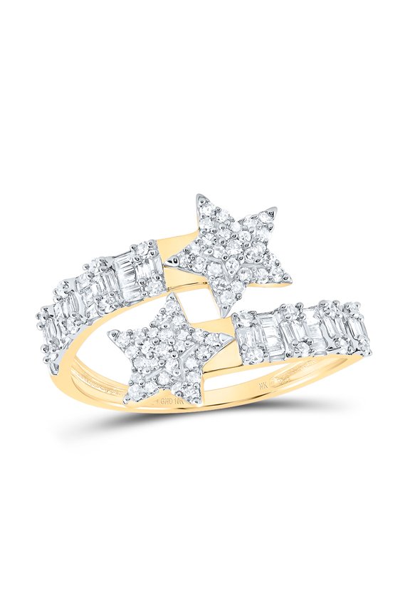 10k Yellow Gold Natural Baguette & Round Diamond Prong set Star Cuff Ring 5/8Cttw