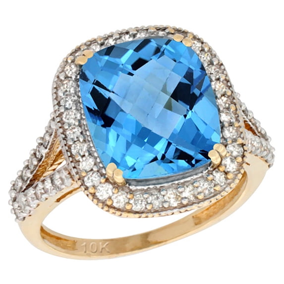 10k Yellow Gold Natural Swiss Blue Topaz Ring Cushion-cut 12x10mm Diamond Halo, size 5.5