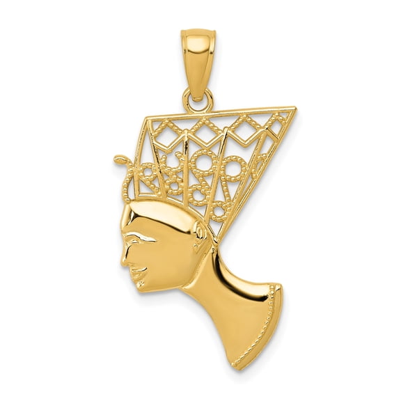 10k Yellow Gold Nefertiti Pendant for Men and Women, Egyptian Queen Profile with Openwork Crown, African Heritage Symbol, Unisex Afrocentric Regal Jewelry for Necklaces
