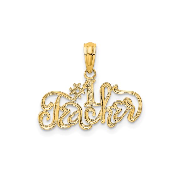 10k Yellow Gold #1 Teacher Script Pendant Charm, Polished Teacher Appreciation Jewelry