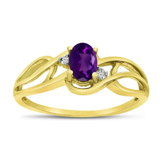 10k Yellow Gold Oval Amethyst And Diamond Curve Ring