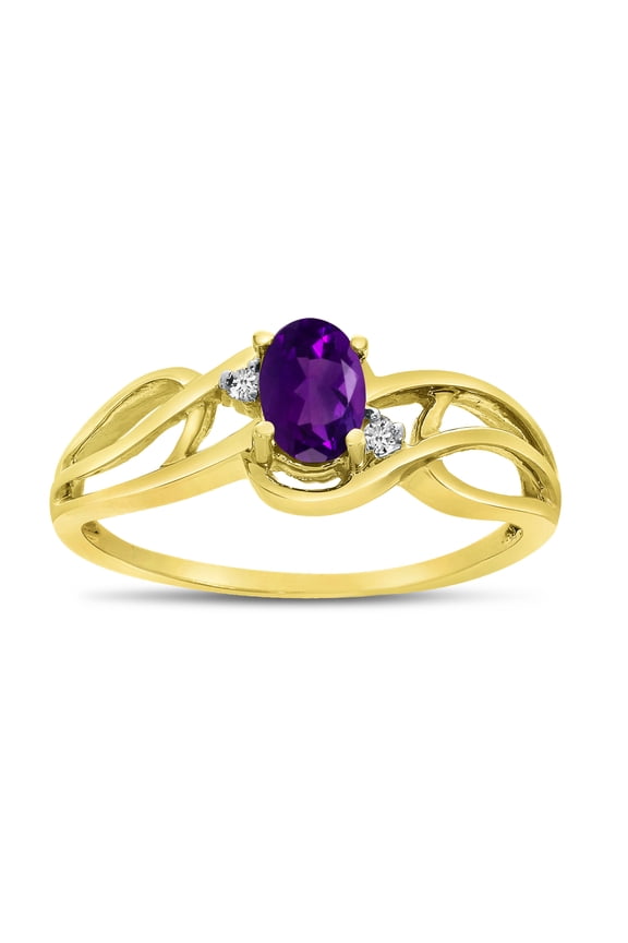 10k Yellow Gold Oval Amethyst And Diamond Curve Ring
