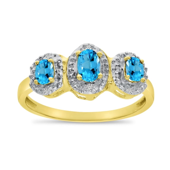 10k Yellow Gold Oval Blue Topaz And Diamond Three Stone Ring