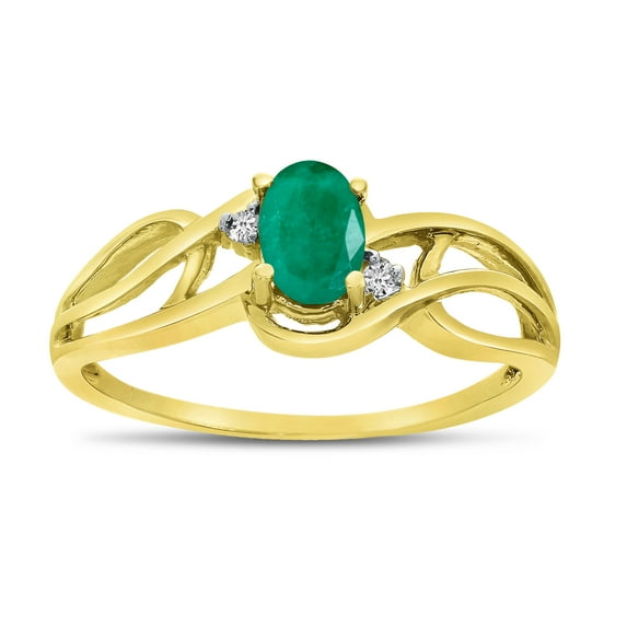 10k Yellow Gold Oval Emerald And Diamond Curve Ring