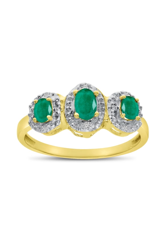 10k Yellow Gold Oval Emerald And Diamond Three Stone Ring