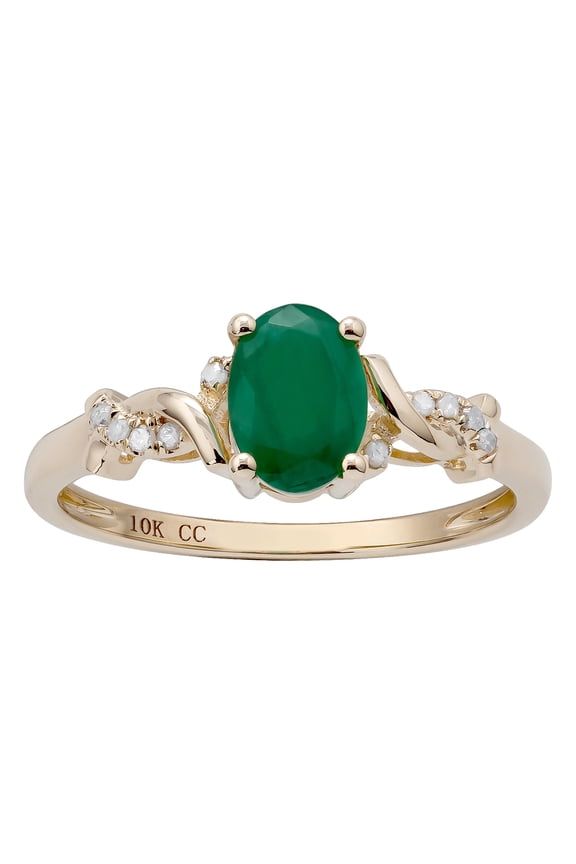 10k Yellow Gold Oval Emerald and Braided Diamond Accent Ring