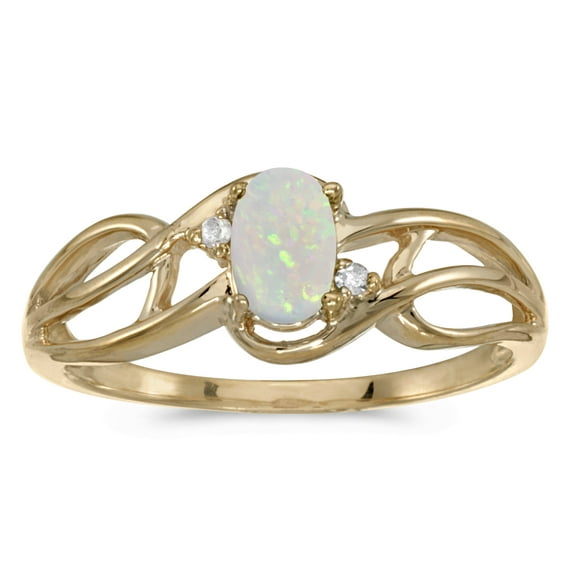 10k Yellow Gold Oval Opal And Diamond Curve Ring