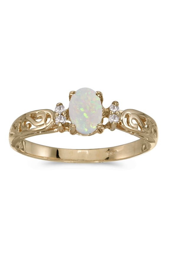 10k Yellow Gold Oval Opal And Diamond Ring