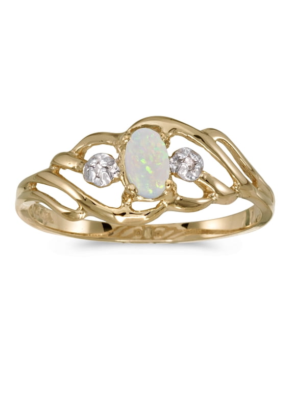 10k Yellow Gold Oval Opal And Diamond Ring