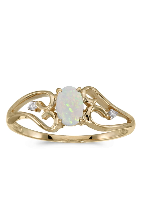 10k Yellow Gold Oval Opal And Diamond Ring