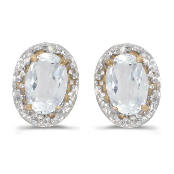 10k Yellow Gold Oval White Topaz And Diamond Earrings