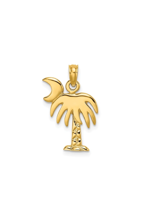 10k Yellow Gold Palm Tree and Crescent Moon Pendant Charm, Polished South Carolina Symbol