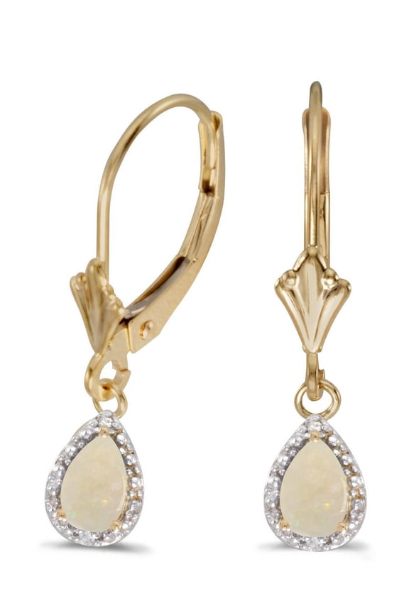 10k Yellow Gold Pear Opal And Diamond Leverback Earrings