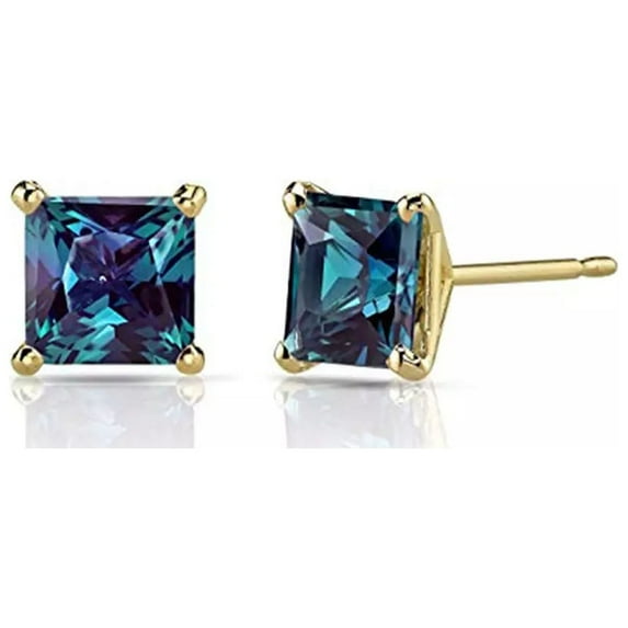 PJ Jewelry Princess Cut Alexandrite, Sapphire Stud Earrings, 3 ct, 10k Yellow Gold-Plated