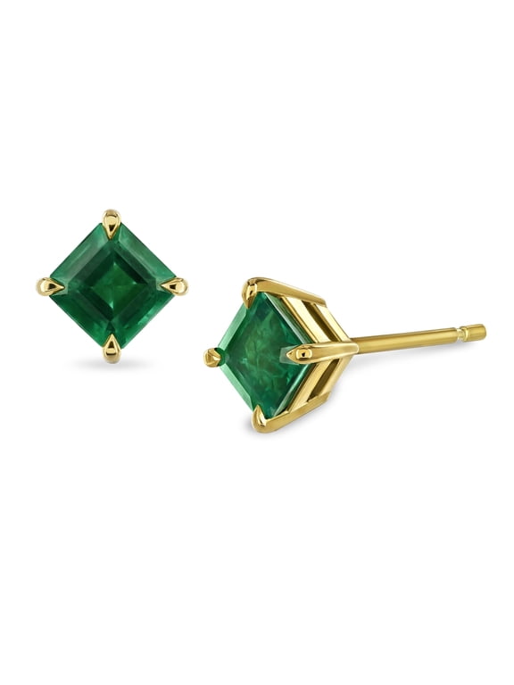 3 Ct Square Green Emerald Stud Earrings, 10k Yellow Gold Plated