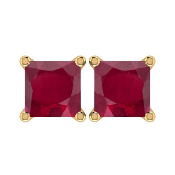 10k Yellow Gold Plated 3 Ct Square Created Ruby Stud Earrings