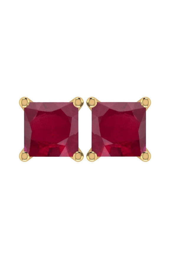 10k Yellow Gold Plated 3 Ct Square Created Ruby Stud Earrings