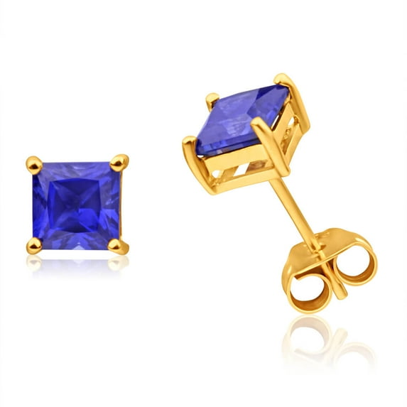 10k Yellow Gold Plated 4 Carat Princess Cut Created Blue Sapphire Stud Earrings