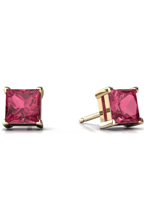 Princess Cut Ruby Stud Earrings, 4 ct, 10k Yellow Gold-Plated