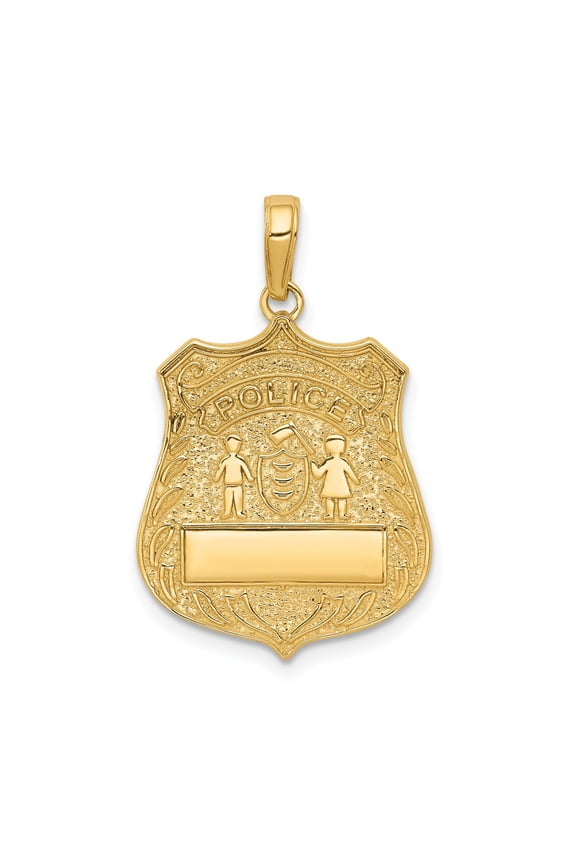 10k Yellow Gold Police Badge Pendant with Shield and Figures, Law Enforcement Necklace for Men or Women, Symbol of Strength Duty Family Protection